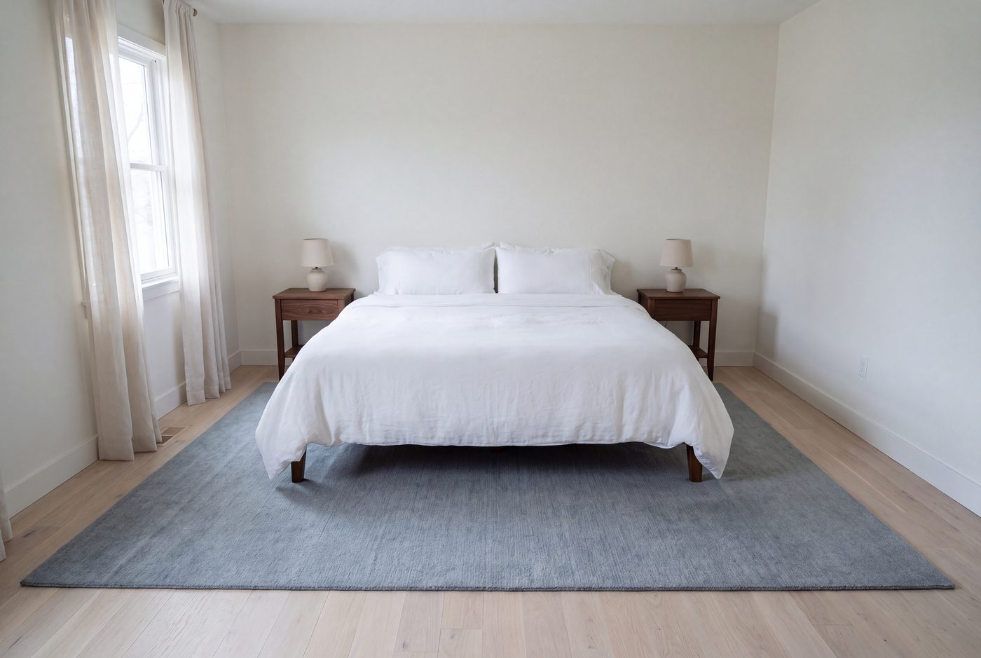A king bed on a large blue-grey rug with clear floor showing on both sides