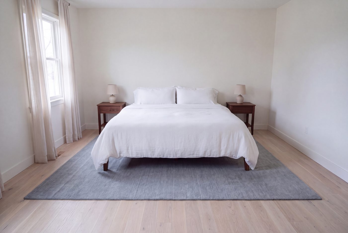 A queen bed on a blue-grey rug, the nightstands standing on the bare floor beyond its edge