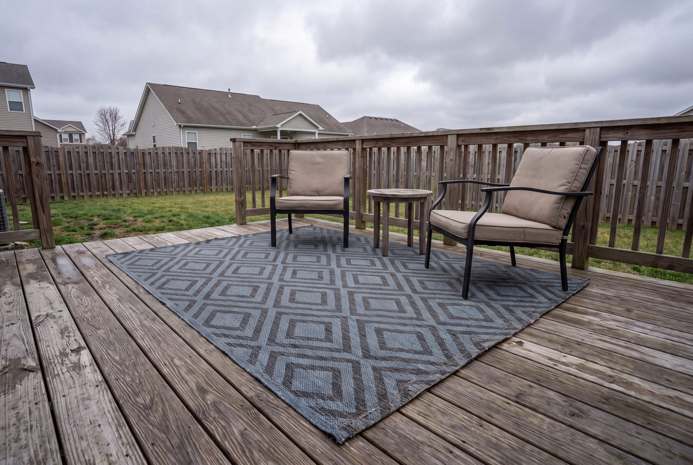 An outdoor rug on a deck
