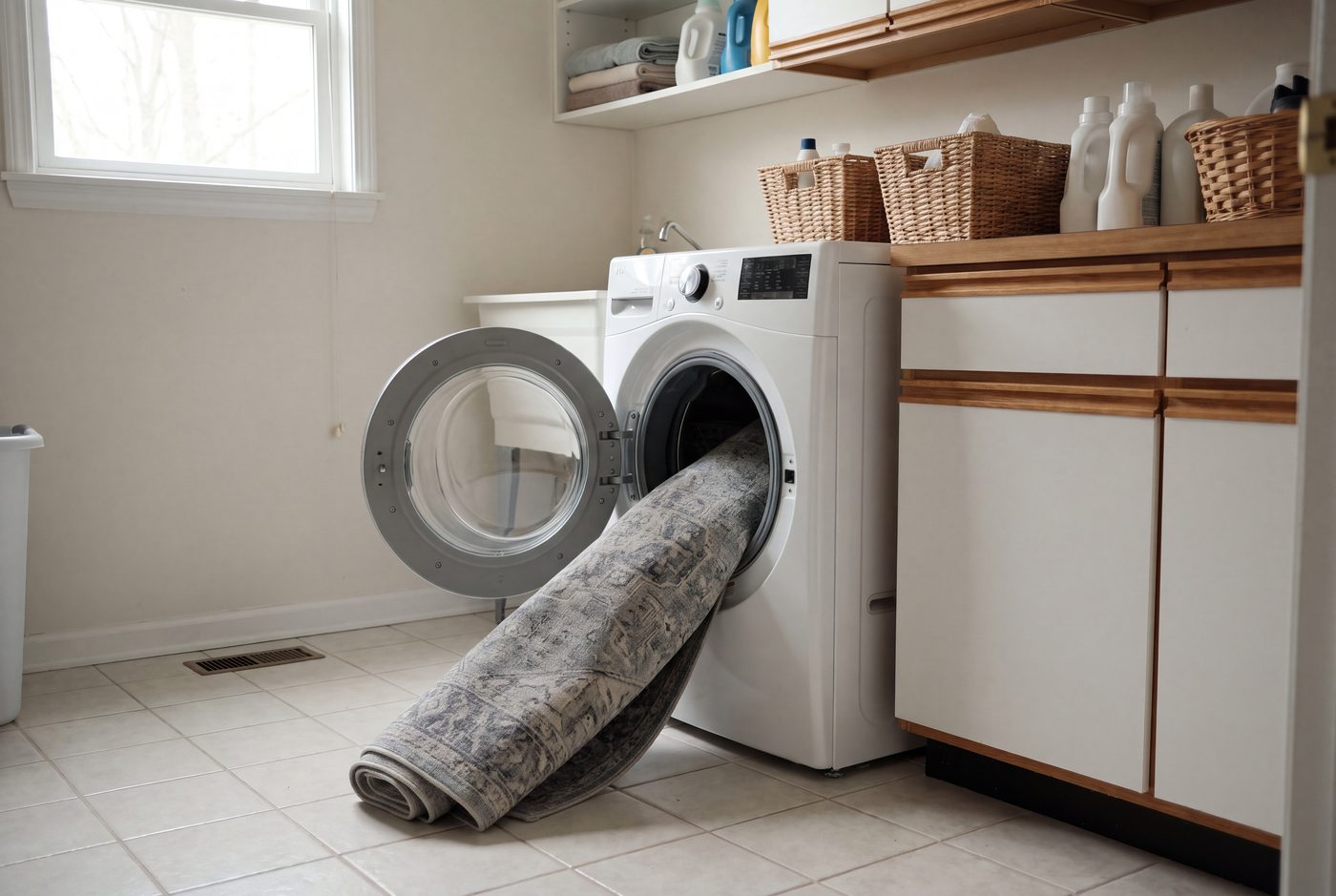 A flat washable rug in a room where it will be walked on